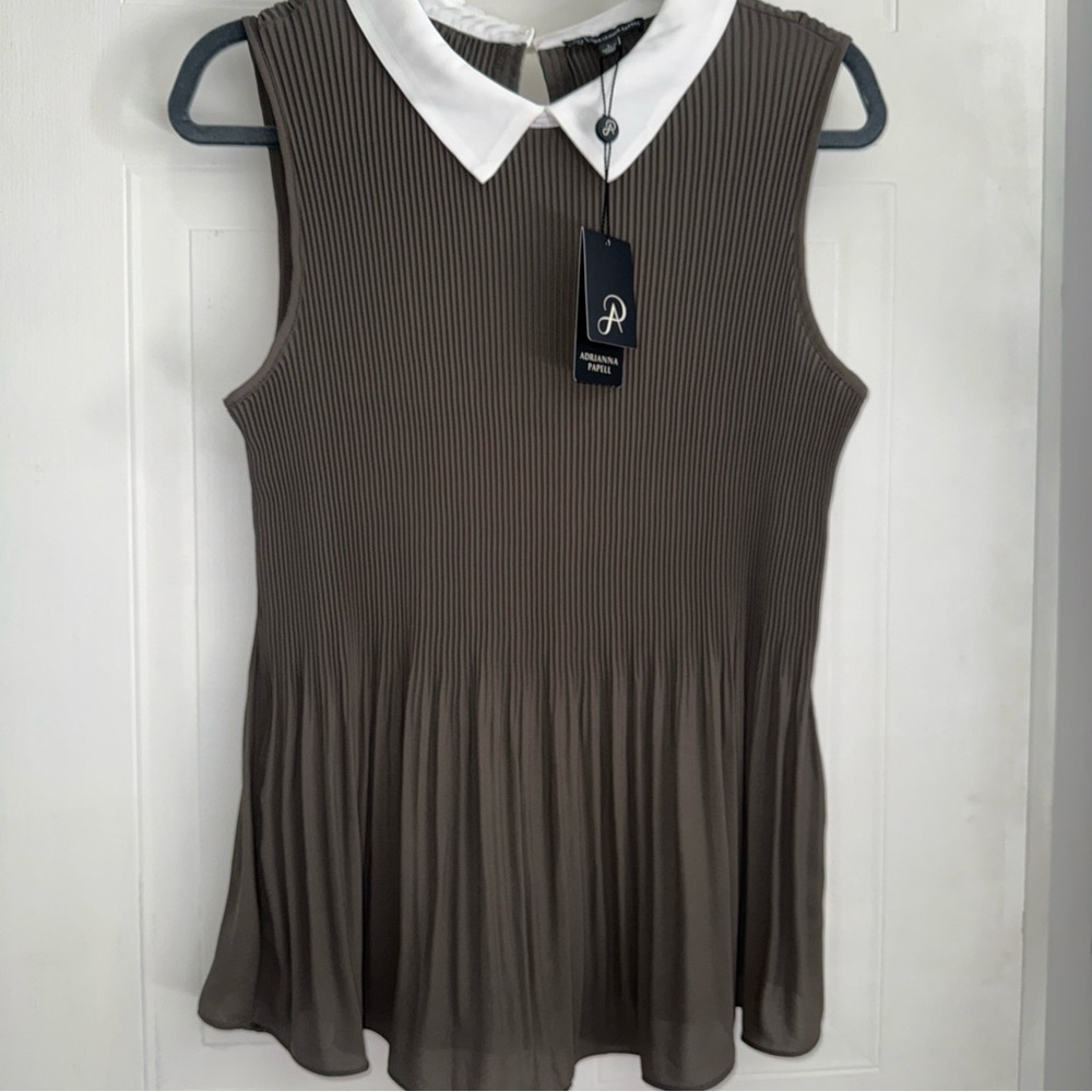 Adrianna Papell Taupe Pleated Blouse with White Collar